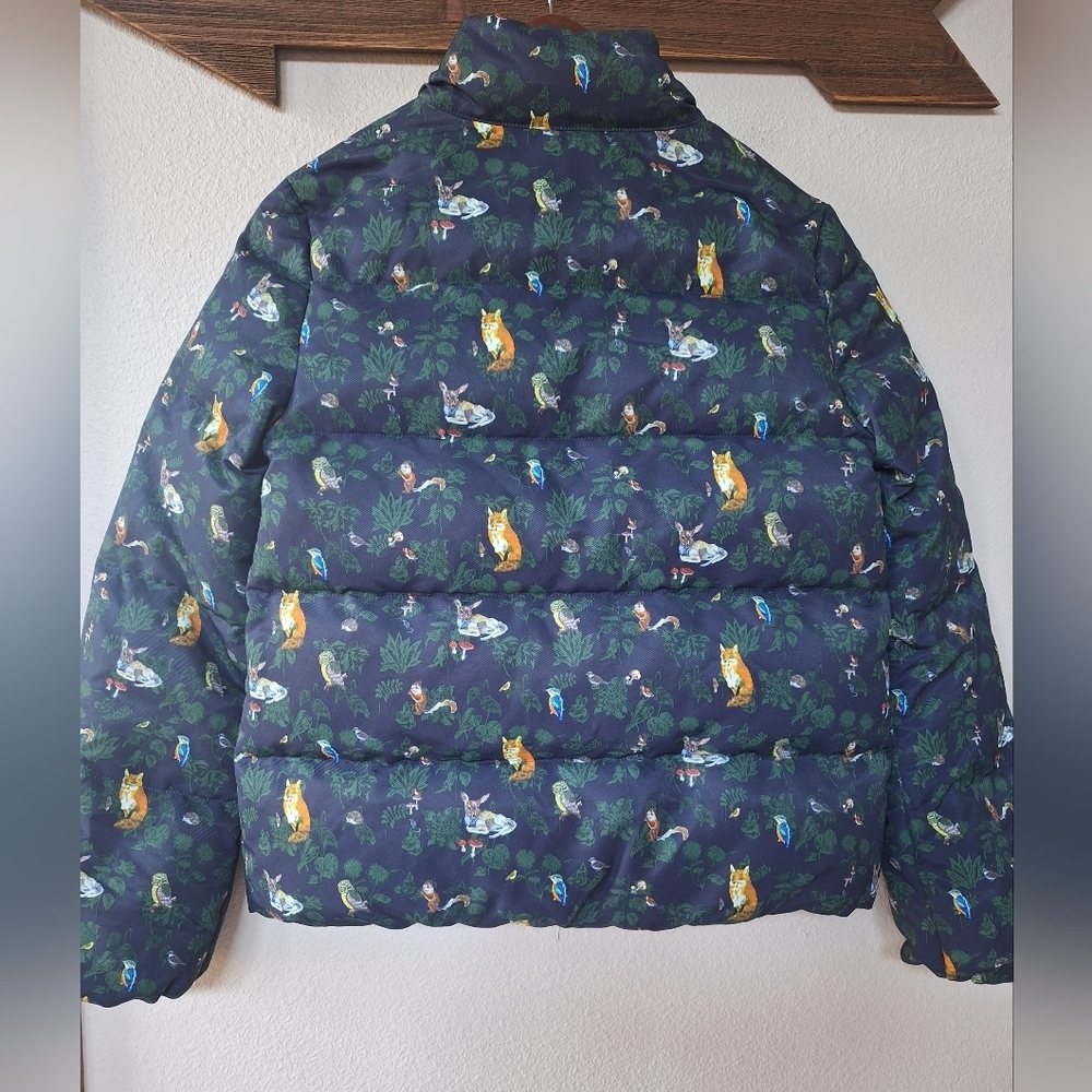 Ochirly Womens Navy Animal Forest Print Puffer Jacket Zip Whimsical Size S - Picture 8 of 8